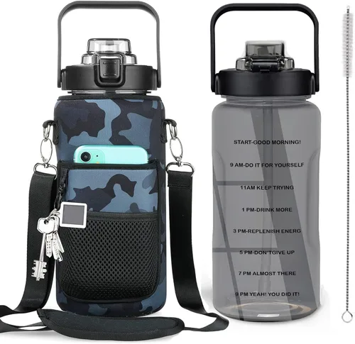 Miniatura 7 de Botella de Agua de Medio Galón con Funda, Botella de Agua Motivacional de 64 Onzas con Pajita y Marcador de Tiempo, Botella de Agua Grande