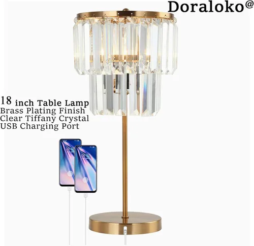 Miniatura 2 de Lámpara de noche para dormitorio, lámpara de mesa de cristal dorado de 18 pulgadas, gotas de cristal transparente Tiffany, puerto de carga USB