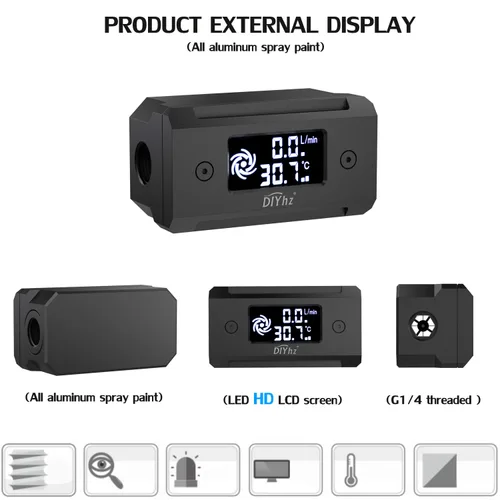 Miniatura 2 de G1/4 Termómetro de Flujo con Pantalla LCD de Aleación de Aluminio Indicador de Temperatura Monitor de Temperatura de CPU