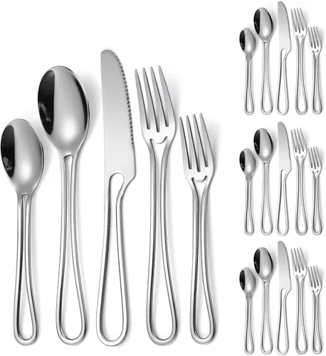 Miniatura 18 de Modern Silverware - Juego de cubiertos martillados de acero inoxidable de 20 piezas para 4 personas, incluye tenedores, cucharas, cuchillos, plateado