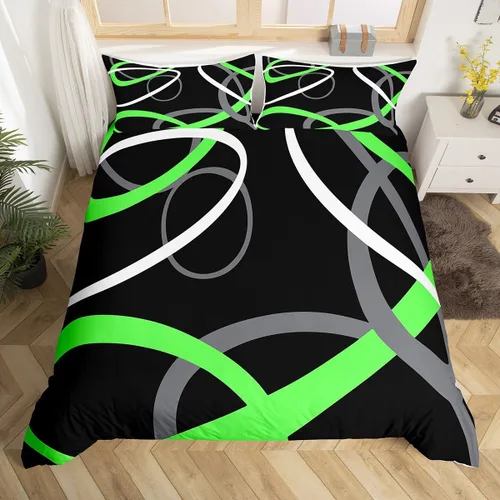 Miniatura 13 de Feelyou Juego de funda de edredón geométrica de color rojo, negro y gris, juego de ropa de cama retro con remolinos circulares a rayas circulares