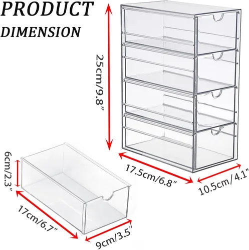 Miniatura 3 de Hipiwe Organizador de Cajones de Plástico Transparente Organizador de Accesorios para el Cabello Caja con 4 Cajones Extraíbles Caja