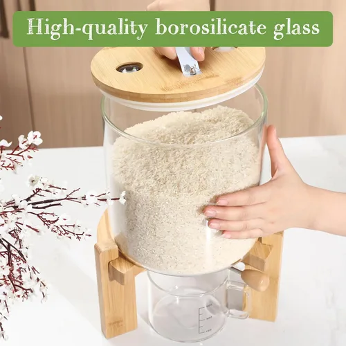 Miniatura 5 de Zhehao Dispensador de arroz de vidrio de 5 L, contenedor de almacenamiento de arroz, dispensador de cereales de harina, soporte con soporte