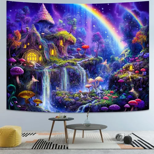 Miniatura 6 de Kanuyee Tapiz de luz negra de neón para colgar en la pared, bosque encantado, cascada, tapices para dormitorio, tapices UV, para colgar en la pared