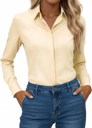 Gleeivy Camisa con botones para mujer, solapa con botones ocultos, ligera, transpirable, resistente a las manchas, manga larga, trabajo e informal