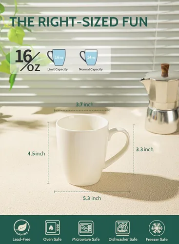 Miniatura 2 de Sweese Tazas de café de porcelana – 16 onzas (arriba al borde) para café, latte, té, cacao, juego de 4, blanco