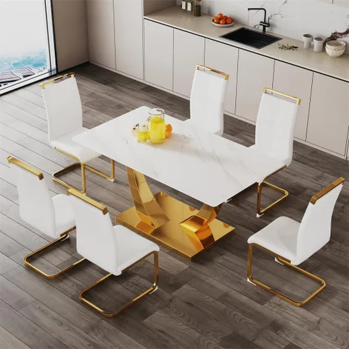 Miniatura 35 de Juego de mesa de comedor para 4, mesa de comedor de mármol sintético de 63 pulgadas con patas y base de acero inoxidable, sillas acolchadas
