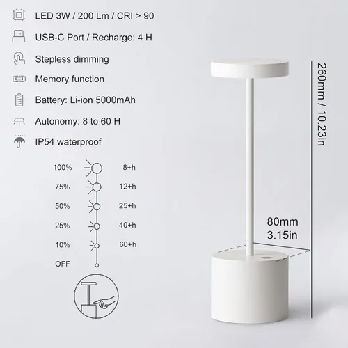 Miniatura 3 de Paquete de 2 Lámparas de Mesa Recargables Inalámbricas, 3 Temperaturas de Color y Regulable, IP54 Impermeable Operada por Batería, Luz LED Portátil