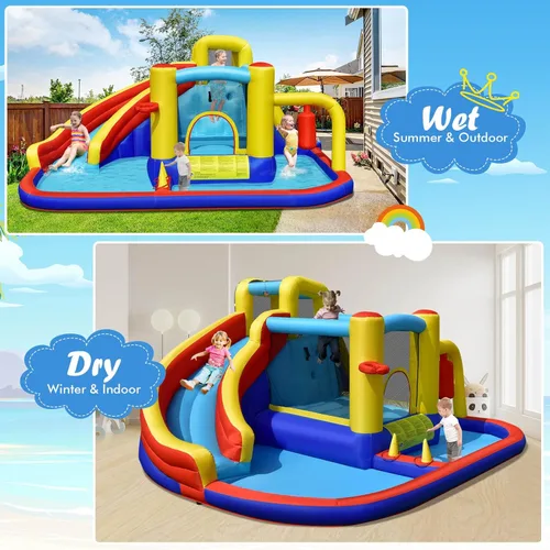 Miniatura 5 de BOUNTECH Tobogán acuático inflable, castillo de salto de parque acuático 6 en 1 para niños con 2 piscinas de salpicaduras, boxeo, toboganes