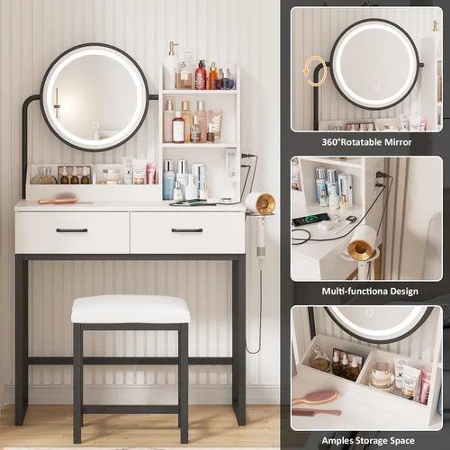Miniatura 5 de Vabches Tocador de maquillaje con espejo redondo y luces, mesa de maquillaje blanca con estación de carga, mesa de tocador pequeña para dormitorio
