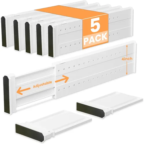 REBECAT Paquete de 5 separadores de cajones para ropa, separadores de cajones ajustables de 4 pulgadas de alto expandibles de 15 a 21 pulgadas para