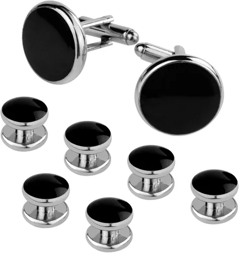 Miniatura 2 de Juego de tachuelas y gemelos de esmoquin de color negro y plateado juego de gemelos y aretes para hombre con eslabones de acero inoxidable botones