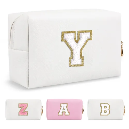 Miniatura 269 de Pequeña bolsa de maquillaje personalizada con inicial A-Z Preppy Patch, bolsa de cosméticos de viaje de felpilla blanca con cremallera, bonita bolsa