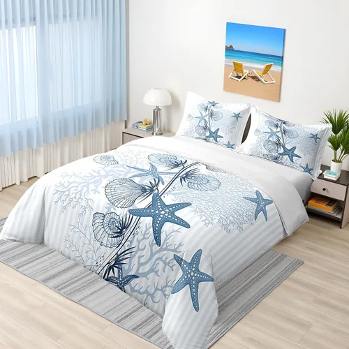 Miniatura 2 de 100% Algodón Natural Acuarela Juego de Ropa de Cama con Diseño Marino para Niños y Niñas, Juego de Cama con Estrella de Mar y Caracol Azul, Juego