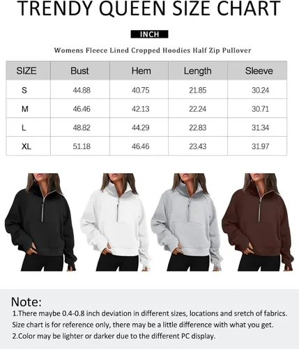 Miniatura 6 de Trendy Queen Sudadera corta con media cremallera para mujer, sudadera de forro polar con cremallera de un cuarto, ropa de invierno, suéter