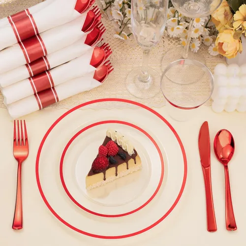 Miniatura 2 de BESTSTAR Juego de 350 platos desechables transparentes y rojos para 50 invitados, 100 platos de plástico, 50 vasos de plástico, 50 servilletas
