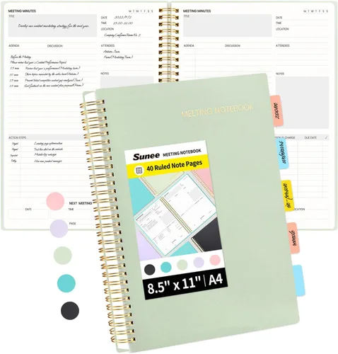 Miniatura 14 de SUNEE Cuaderno de reuniones para el trabajo con pestañas adhesivas, 160 páginas, planificador de proyectos de tamaño A4, agenda de reuniones en Negro