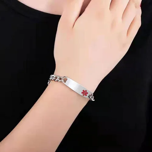 Miniatura 5 de TGLS Pulsera de alerta médica roja para mujeres y hombres, pulsera de emergencia de primeros auxilios de salud grabada ajustable de acero inoxidable