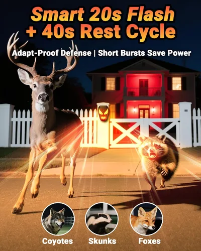 Miniatura 5 de Luces solares de depredador disuasorio de coyote – Repelente nocturno de animales con llama LED luces intermitentes para gallinero, patio y jardín