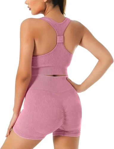 Miniatura 3 de JOTEUS - Conjunto de yoga de 2 piezas sin costuras, acanalado, brasier deportivo de cintura alta, pantalones cortos de gimnasio, conjuntos de ropa
