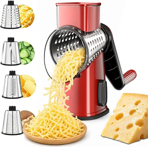 Miniatura 8 de VEKAYA Rallador de queso giratorio con manivela de mano con 4 cuchillas intercambiables de acero inoxidable, trituradora de mango manual grande