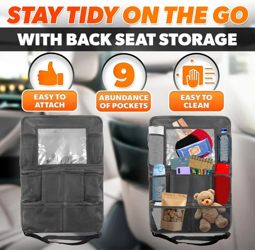 Miniatura 4 de Organizador universal para asiento trasero de automóvil de 23.4 x 16 pulgadas, con 9 bolsillos grandes y soporte transparente para tableta, hecho