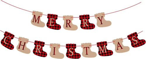 Cartel de Feliz Navidad, decoraciones navideñas preencordadas de búfalo a cuadros, decoraciones navideñas con forma de calcetín, letrero de Feliz