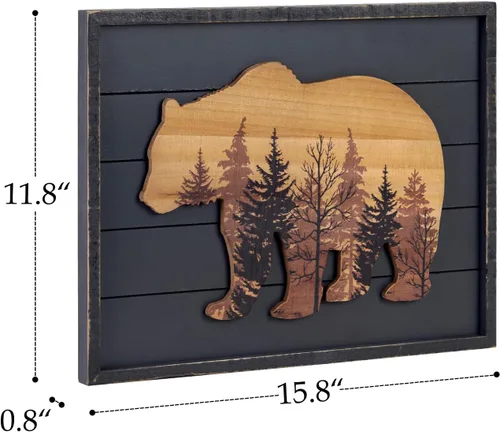 Miniatura 8 de NIKKY HOME Lindo oso en el bosque, arte decorativo de pared con marco de madera para cabaña, 40,6 cm x 30,5 cm, gris pizarra oscuro