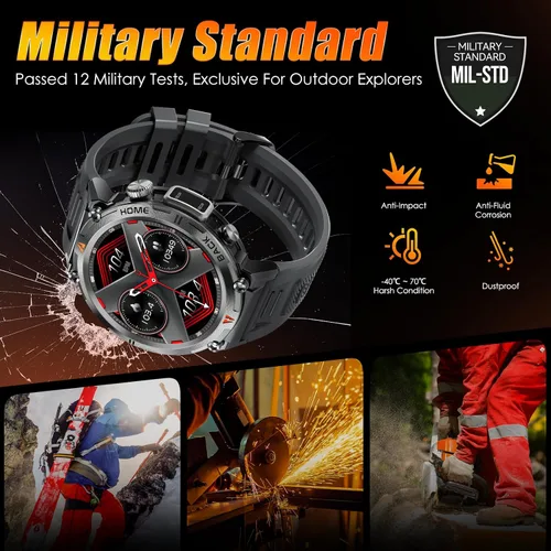 Miniatura 5 de EIGIIS Reloj inteligente militar para hombre, táctico, resistente, con linterna de llamada Bluetooth, pantalla grande de 1.45 pulgadas, monitor