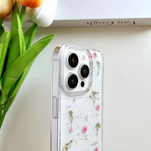 Miniatura 5 de LSEEKA Funda transparente para iPhone 14 Pro con diseño de flores reales prensadas, con purpurina, bonito patrón floral rosa, delgada, suave, funda