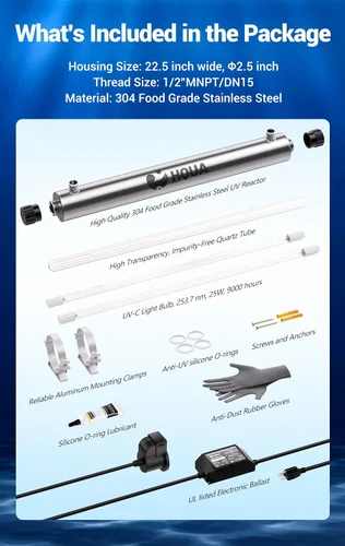Miniatura 5 de OWS-6 Filtro esterilizador de purificador de agua ultravioleta para purificación de agua de cocina, 6GPM 110V 25W Modelo HQUA-UV-6GPM + 1 tubo UV