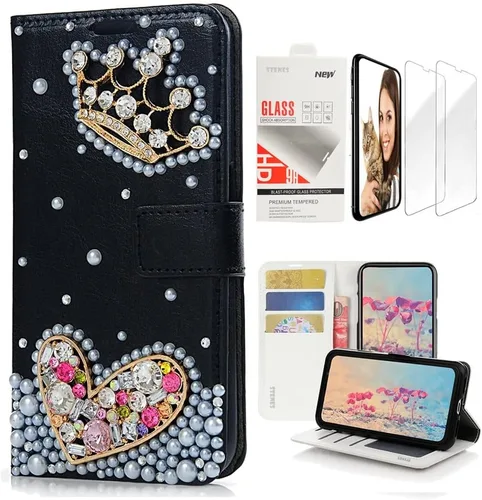 Bling - Funda tipo cartera compatible con Samsung Galaxy Note 8, elegante funda de piel con diseño de corazón y corona hecha a mano en 3D con correa