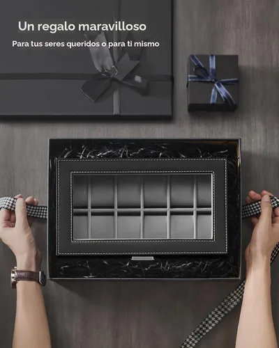 Miniatura 7 de SONGMICS UJWB012 - Caja de reloj de 12 ranuras, caja de reloj con cerradura con tapa de vidrio, 2 capas, con 1 cajón para anillos, pulseras, idea
