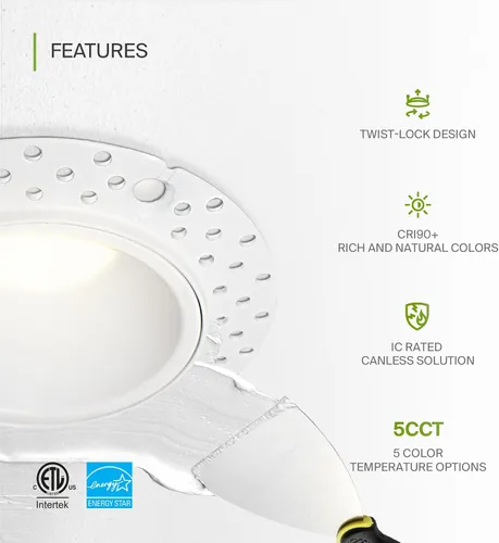 Miniatura 3 de ASD Iluminación empotrable LED de 2" sin moldura, 15 W 120 V, luz de techo redonda comercial regulable, sin lata, con caja de conexiones, 5 CCT