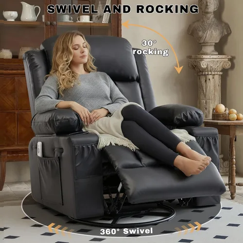 Miniatura 5 de Rocker - Silla reclinable con calor y masaje, silla reclinable giratoria de 360° para adultos, asiento reclinable de piel sintética con 2 portavasos