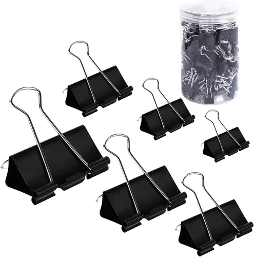 Clips para carpetas de papel, varios tamaños, 200 unidades (negro), Jumbo, Grande, Mediano, Pequeño, Mini y Micro, 6 tamaños con caja para oficina,