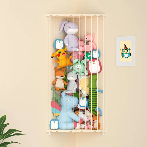 Organizador de juguetes de almacenamiento de animales de peluche (patentado) – Soporte grande de esquina para animales de peluche de longitud Beige