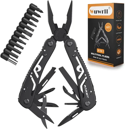 Multiherramienta 26 en 1, multiherramientas profesionales de acero inoxidable, alicates multiherramienta, navaja de bolsillo con funda de Negro