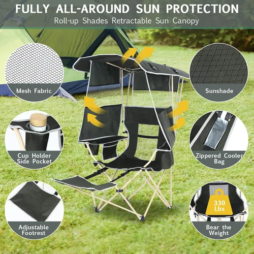 Miniatura 5 de Silla de camping con toldo, sillas deportivas para adultos, silla de toldo con reposapiés extraíble, silla de pesca en hielo con portavasos