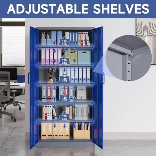 Miniatura 5 de Armario de almacenamiento de metal para garaje, gabinete de almacenamiento con bloqueo de 71 pulgadas con 2 puertas y 4 estantes ajustables, Gris