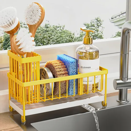 Miniatura 12 de Cisily Soporte de esponja negro extra grande para fregadero de cocina, organizador de fregadero con soporte alto para cepillos, organizadores