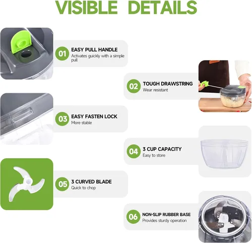Miniatura 8 de Procesador manual de alimentos, picador de verduras, picador de ajo portátil con cuerda de mano, cortador de cebolla para verduras, jengibre, GGreen