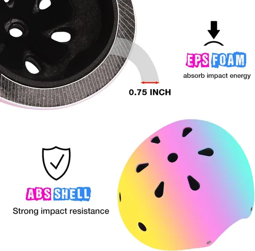 Miniatura 14 de Casco de bicicleta ajustable con gradiente de color y coderas y rodilleras - Casco para niños y niñas para patinaje, edades 3-14 Ideal