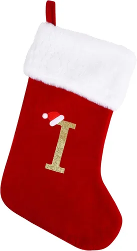 Miniatura 16 de Medias de Navidad con monograma de 20 pulgadas con letras, medias de Navidad grandes súper suaves, terciopelo rojo con puño de felpa blanco súper