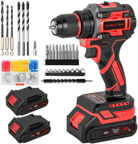 Taladro inalámbrico, taladro eléctrico sin escobillas de 21 V con doble paquete de potencia de 2.0 Ah y cargador, juego de taladros eléctricos,