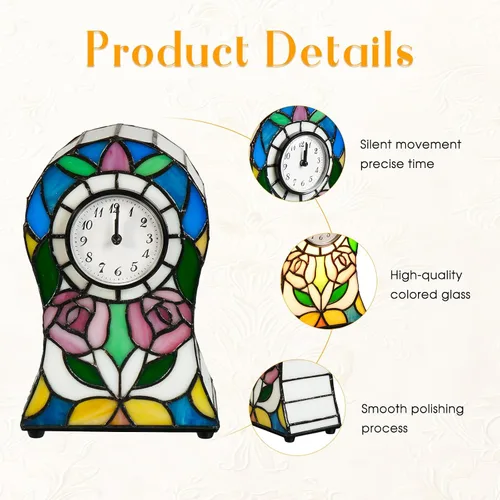 Miniatura 3 de Lámpara estilo Tiffany con estampado de rosas Pequeña lámpara de vitral, lámpara de reloj creativo, decoración para sala de estar, salón, comedor