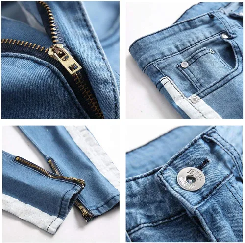 Miniatura 7 de HUNGSON Pantalones de mezclilla ajustados para hombre elásticos rasgados rasgados con rayas laterales Azul