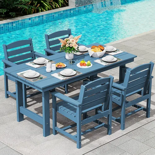 Miniatura 38 de SERWALL Juego de Mesa de Comedor de HDPE para Exteriores, Juego de 7 Piezas de Mesa de Comedor al Aire Libre con Mesa con Corte para Agujero de Gris