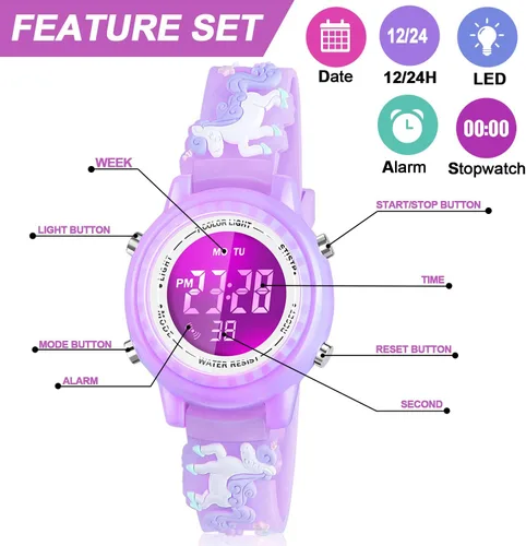 Miniatura 23 de Relojes LED impermeables para niños con alarma, juguetes para niños, regalos para niñas de 3 a 10 años