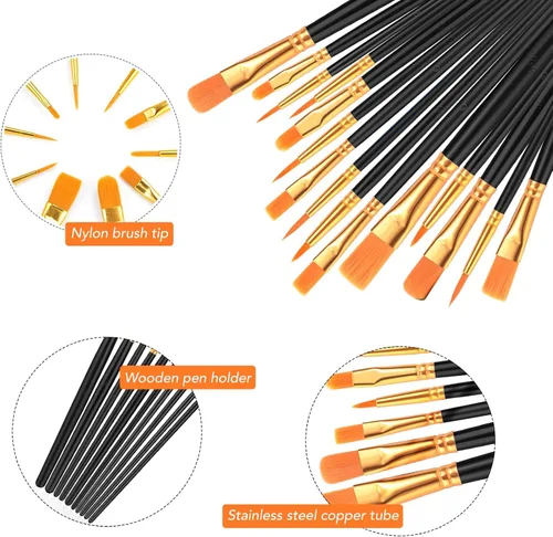 Miniatura 3 de AROIC Juego de pinceles de pintura acrílica, 2 paquetes/20 cepillos de pelo de nailon para todo uso, pintura al óleo, acuarela, pintura, kits Negro